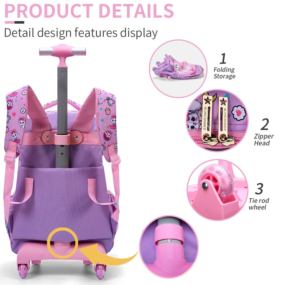 3PCS Kids travel bag, Luggage Bag, Bookbag with wheels, With Lunch Box And Pen Bag, Pink Cat sequin, Nighttime reflective