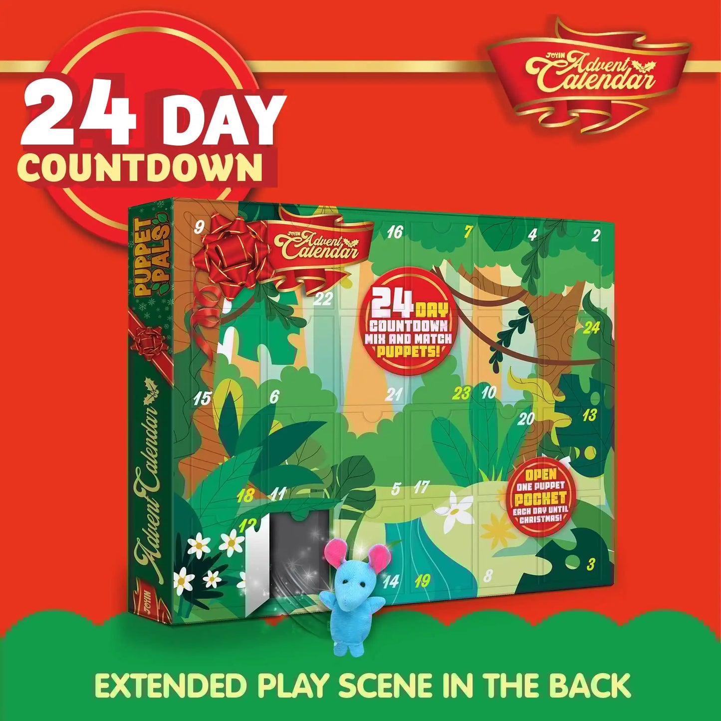 JOYFY 2025 Christmas Advent Calendar with Finger Puppets 24 Days Countdown Advent Calendar with Plush Animal Finger Puppets