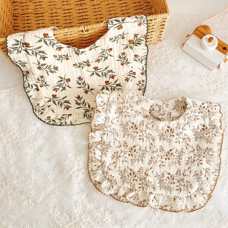2pcs Floral Print Baby Bibs U-Shaped Snap Saliva Towel Ruffled Edge Muslin Cotton Burp Cloths Rainbow A Grade Feeding Scarf