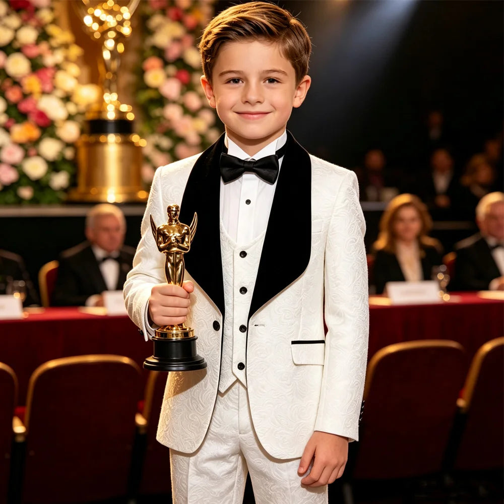 Boys White Jacquard Tuxedo Suit Black Velvet Shawl Lapel 3 Piece Kids Wedding Outfit Child Prom Graduation Stage Formal Blazer Vest Pants With Bow Tie