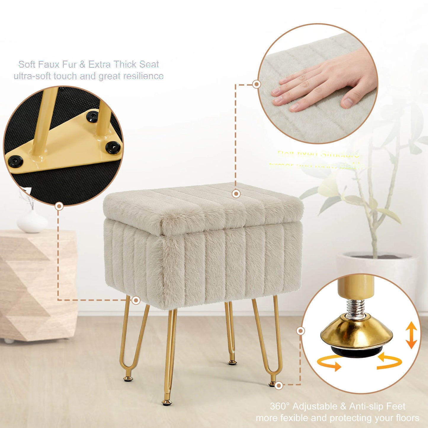 JHK Ottoman Faux Fur Vanity Stool Chair with Storage Padded Makeup with 4 Metal Legs Anti-Slip Adjustable Feet Living Room Hidden Storage Stools for Home Entryway