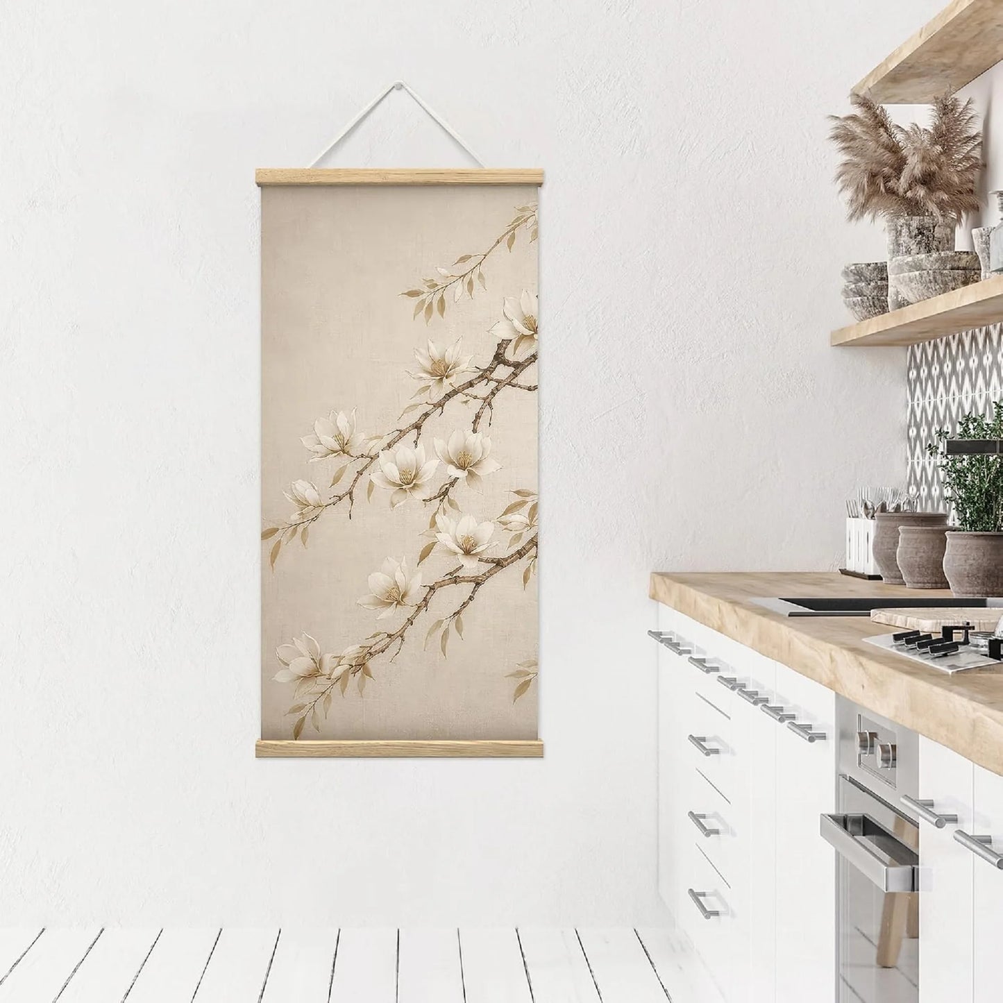 Wooden Framed Hanging Poster Oriental Neutral Magnolia Flower Branch Wall Picture Poster Artwork for Home