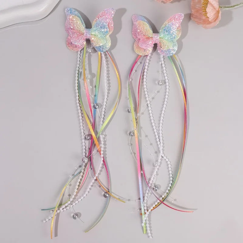 2Pc Childrens Rainbow Butterfly Sequin Hair Clip Pearl Ribbon Tassel Hair Clip Girl Braided Hair Accessory Performance Accessory Hair Clips