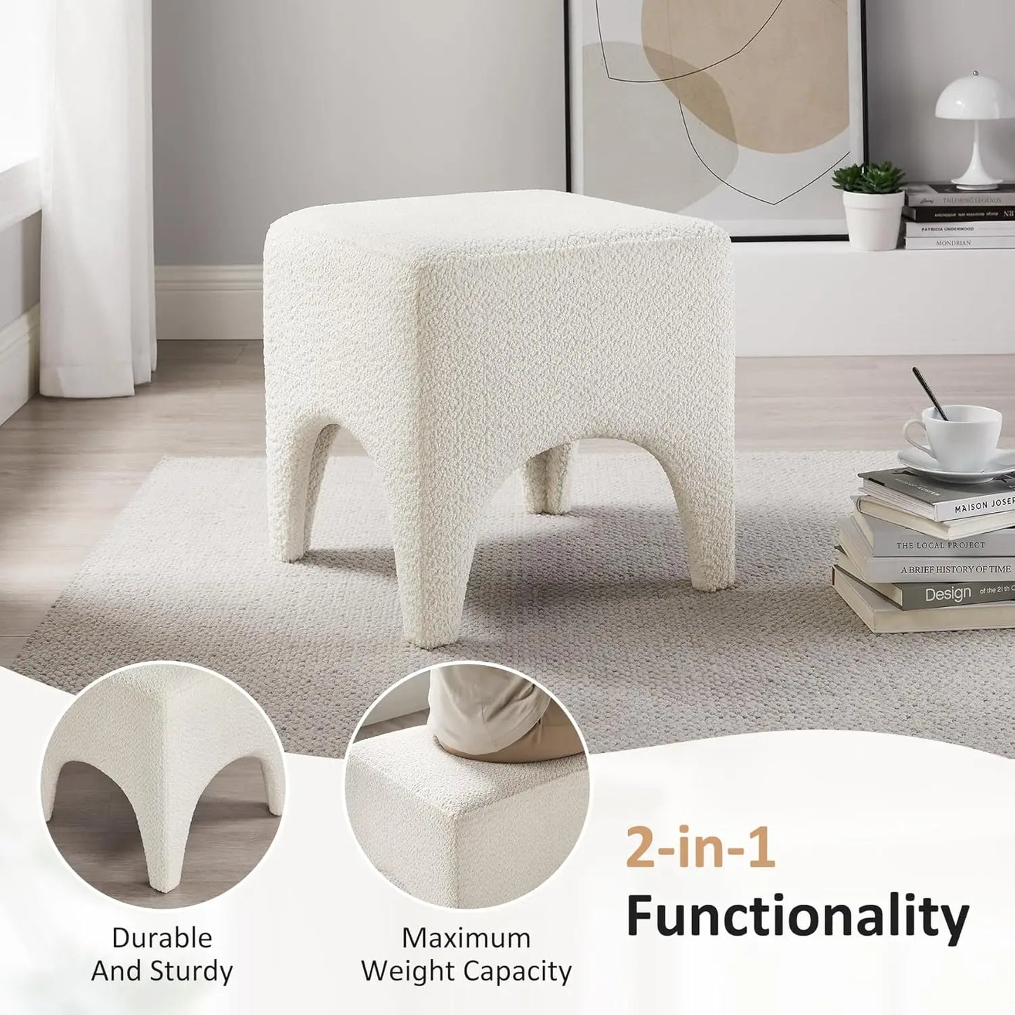 Boucle Square Ottoman Stool Upholstered Foot Rest for Living Room Bedroom Entryway Custom