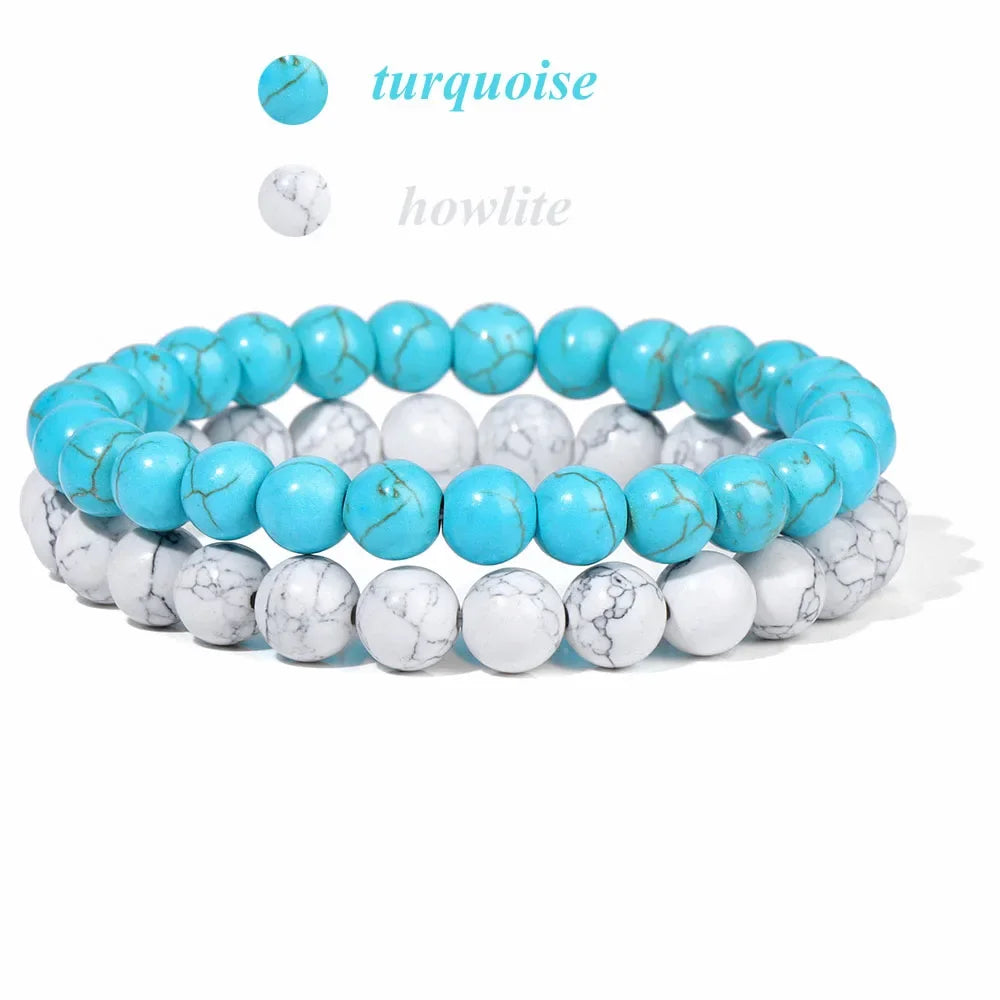 2Pcs Colorful Natural Stone Bead Bracelet Set 8MM Natural Agates Turquois Amethysts Quartzs Gem Stretch Bangle Jewelry Gift