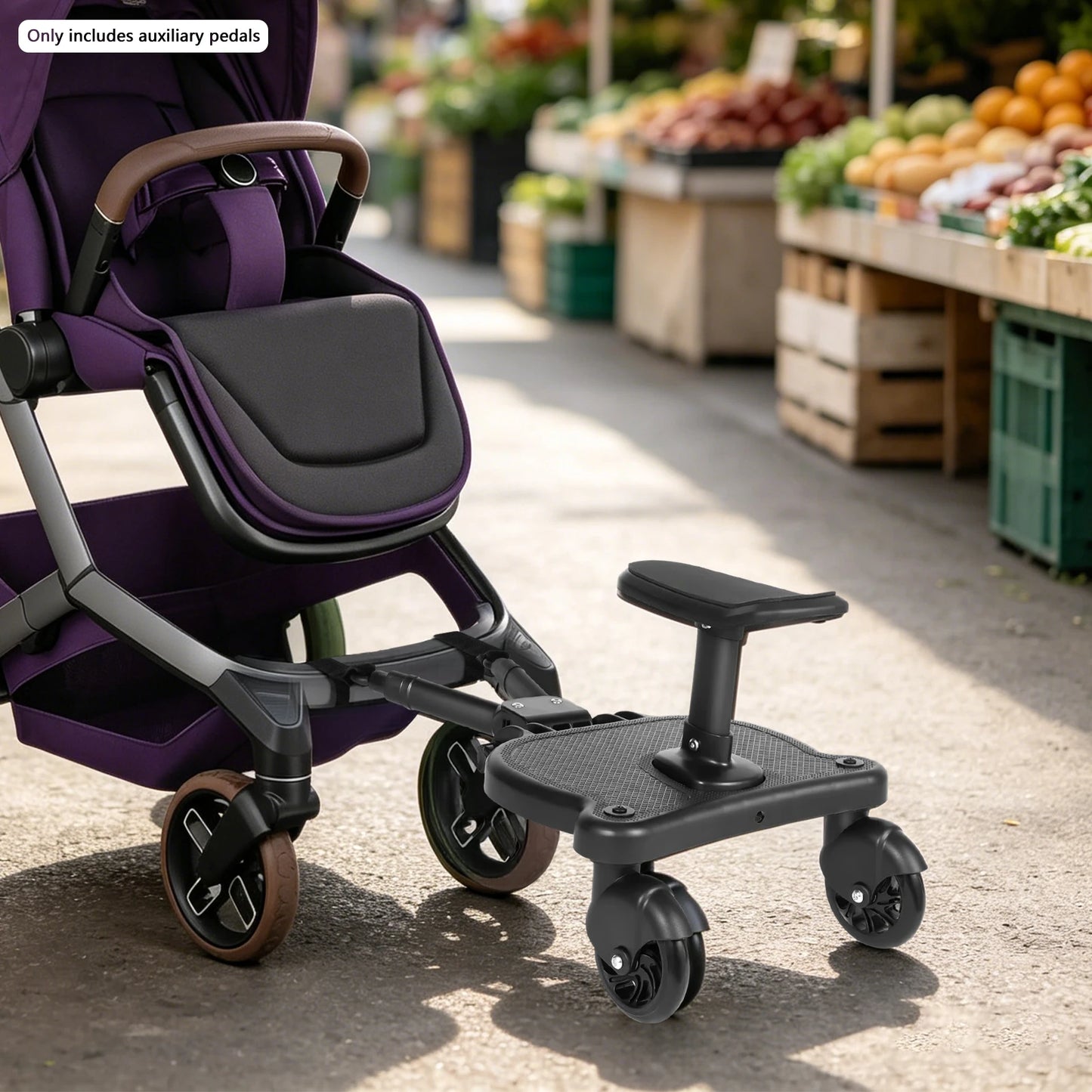 2 in 1 Universal Stroller Board with Detachable Seat Kids Standing Sit Buggy Board Wheeled Pram Pedal Adapter Load 25KG Black