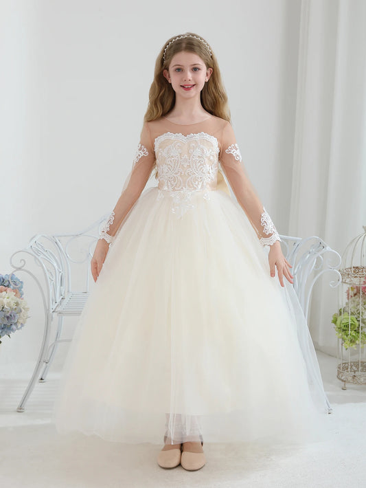 Champagne Flower Girl Dress Long Sleeve Lace Tulle Ball Gown with Bow Back Train Pageant Party Dress