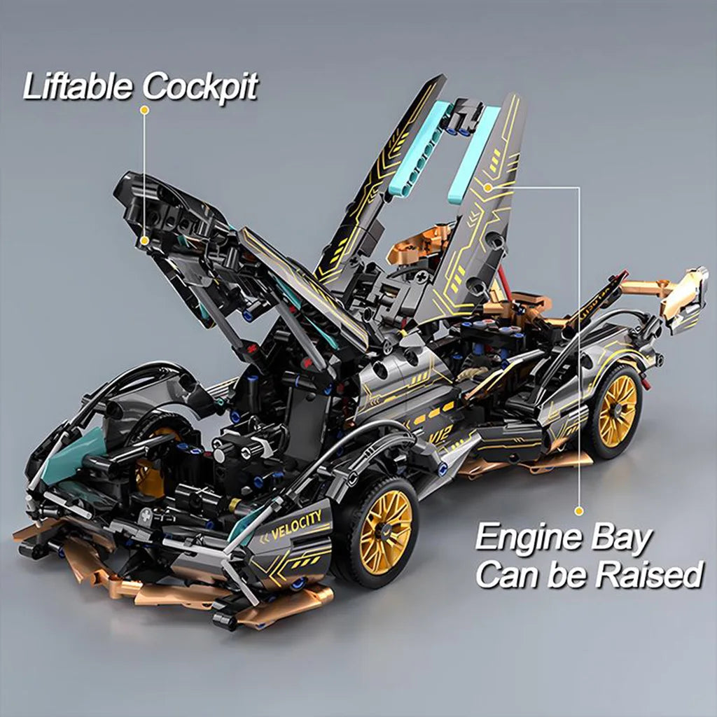 Black V12 Block Roadster RC Tech Racer 1:14 DIY Roadster Building Block Assembly Block Car Toy Birthday Gift （1280+Granule）