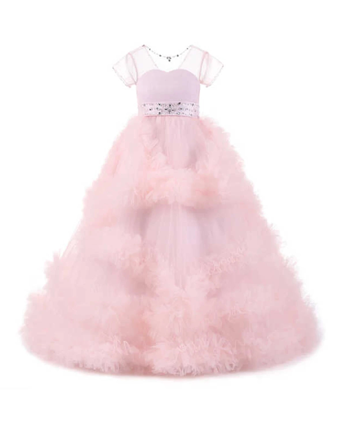 Girls Blush Pink Cap Sleeve Illusion Back Sweetheart Neckline Ruffled Tulle Flower Girl Dress With Large Back Bow For Wedding Party