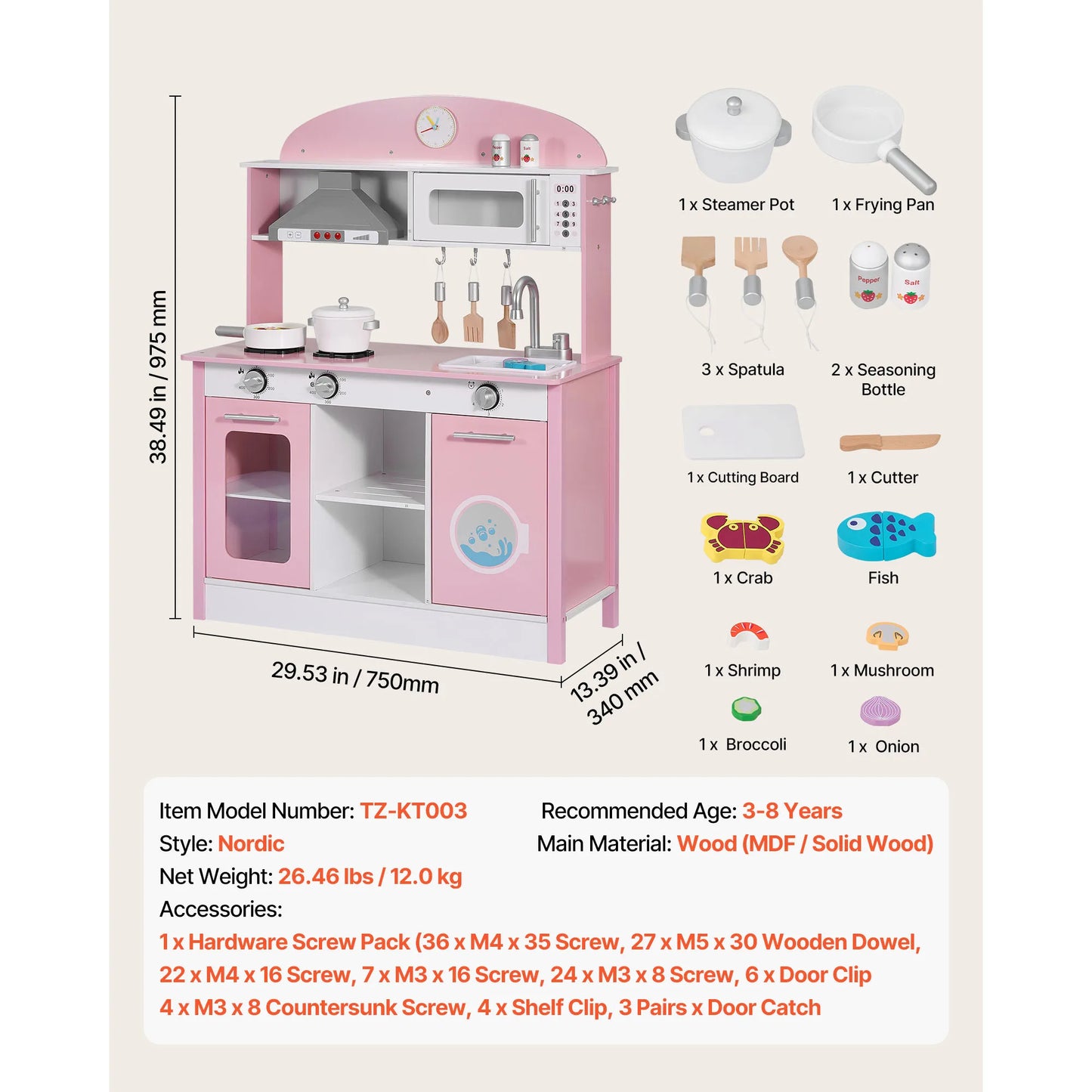 SucceBuy Wooden Play Kitchen Toy Set with Food & Cookware Accessories Pretend Kids Kitchen Playset for Toddlers Girls & Boys