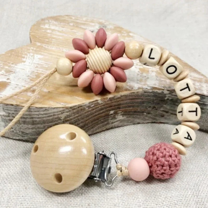 DIY Custom Name Silicone Beads Wooden Ring Pacifier Clips Safe Teething Chains Baby Teether Eco-friendly Dummy Beech Clips Gift