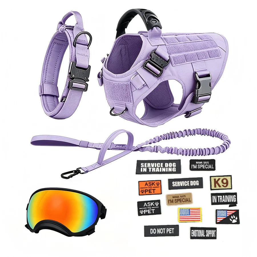 Tactical Dog Harness Vest With Collar Leash Velcro Patches And Sunglasses For Medium Large Dogs Adjustable For Outdoor Training Walking Working And Daily Use