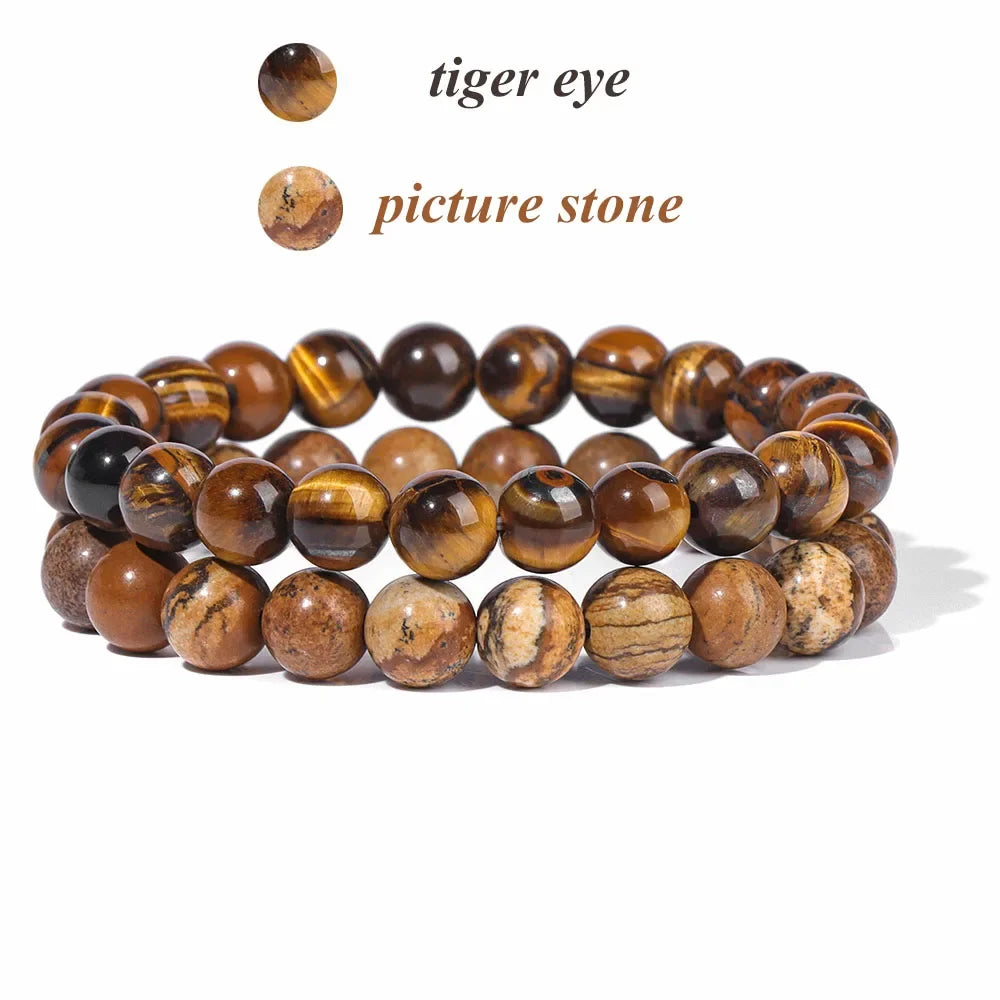 2Pcs Colorful Natural Stone Bead Bracelet Set 8MM Natural Agates Turquois Amethysts Quartzs Gem Stretch Bangle Jewelry Gift