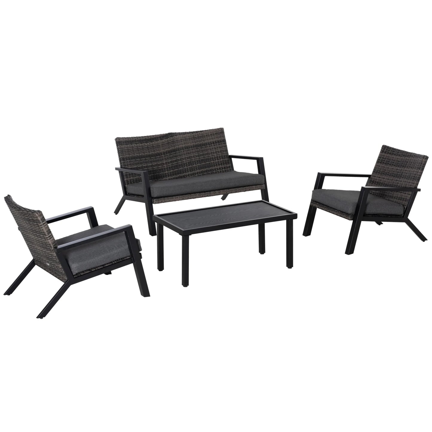 4Pc Outdoor Wicker Patio Furniture Set, Rattan Sofa, 2 Chairs, Table