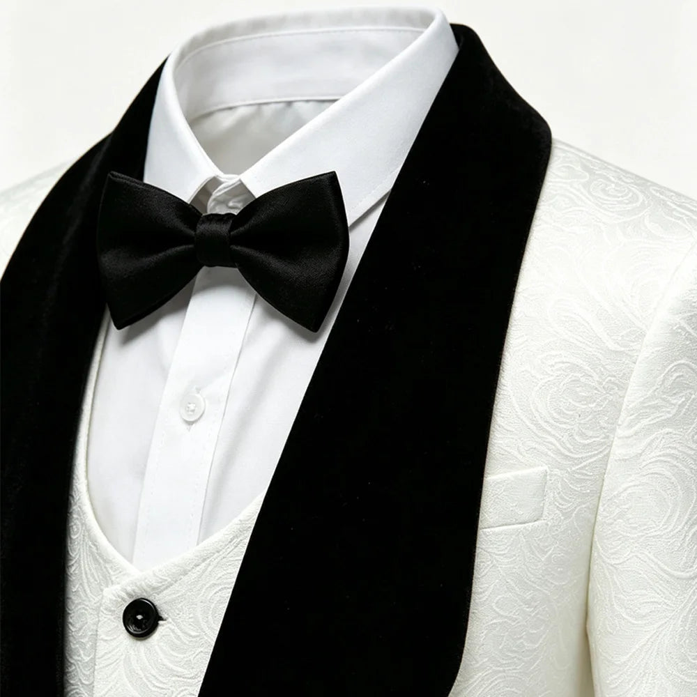 Boys White Jacquard Tuxedo Suit Black Velvet Shawl Lapel 3 Piece Kids Wedding Outfit Child Prom Graduation Stage Formal Blazer Vest Pants With Bow Tie