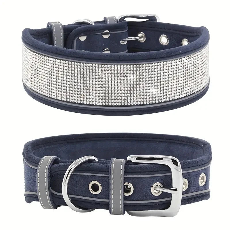 CL202-2D--adjustable suede fabric pet dog collar, rhinestone decoration.