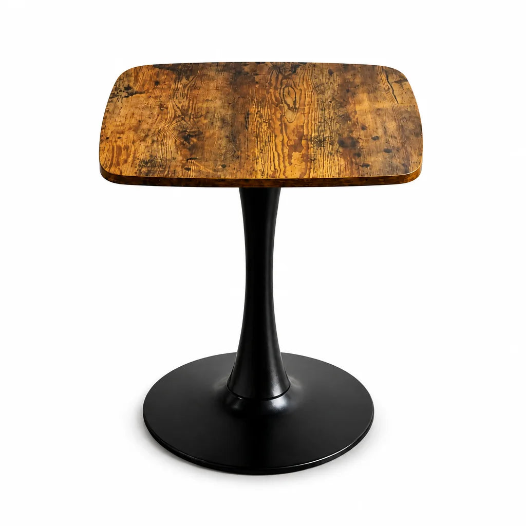 24 Inch Square Tulip Dining Table Mid Century Modern Bistro Table with MDF Top Matte Black Metal Base for Small Spaces Kitchen Cafe Rustic Brown