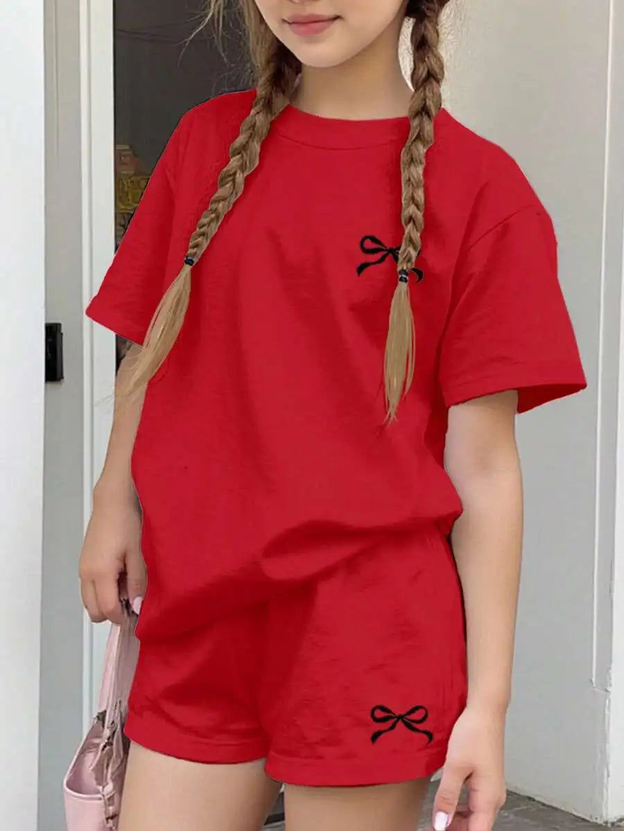 Womens Cherry Bow Print Short Sleeve T-Shirt And Plaid Shorts 2-Piece Set Summer Casual Streetwear Outfit