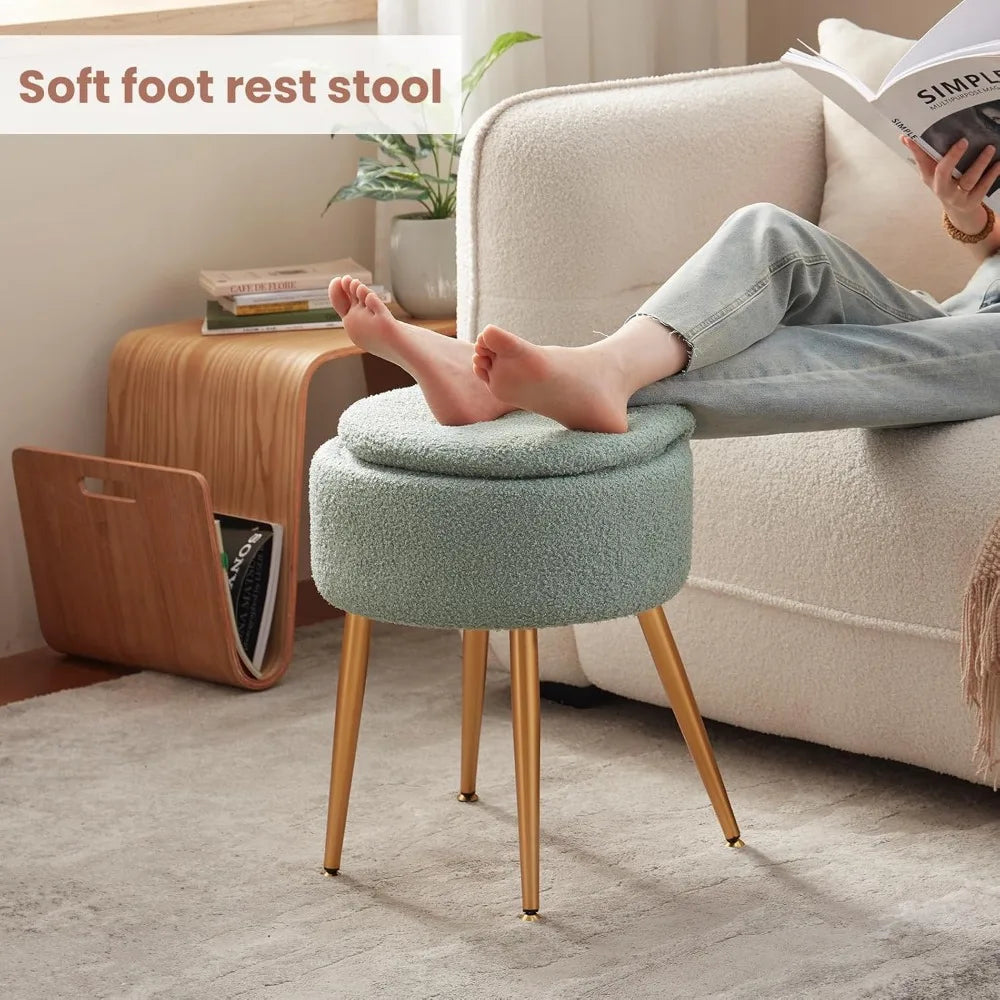 Compact Round Velvet Ottoman with Hidden Storage Foldable Backrest Metal Legs Anti Slip Feet for Bedroom Makeup