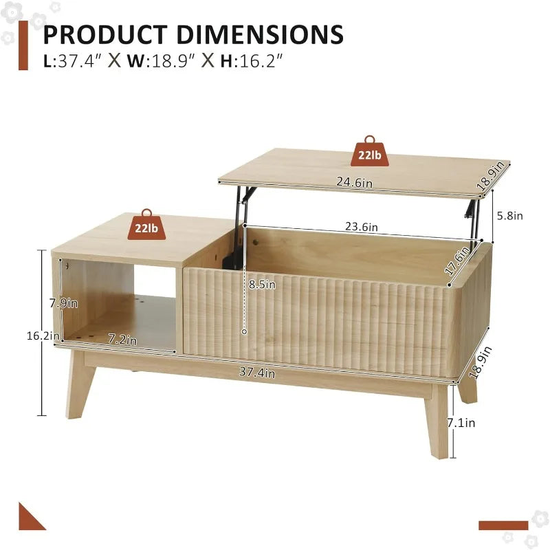 Fluted Lift Top Coffee Table with Hidden Compartment, Modern Center Table for Living Room, Home Office, Natural