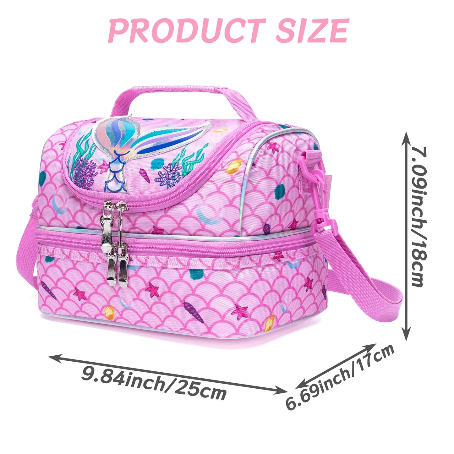 Cute Cartoon Animal Double Deck Girls Lunch Bag Portable Insulated Leakproof Lunch Tote with Detachable Shoulder Strap for School Nursery