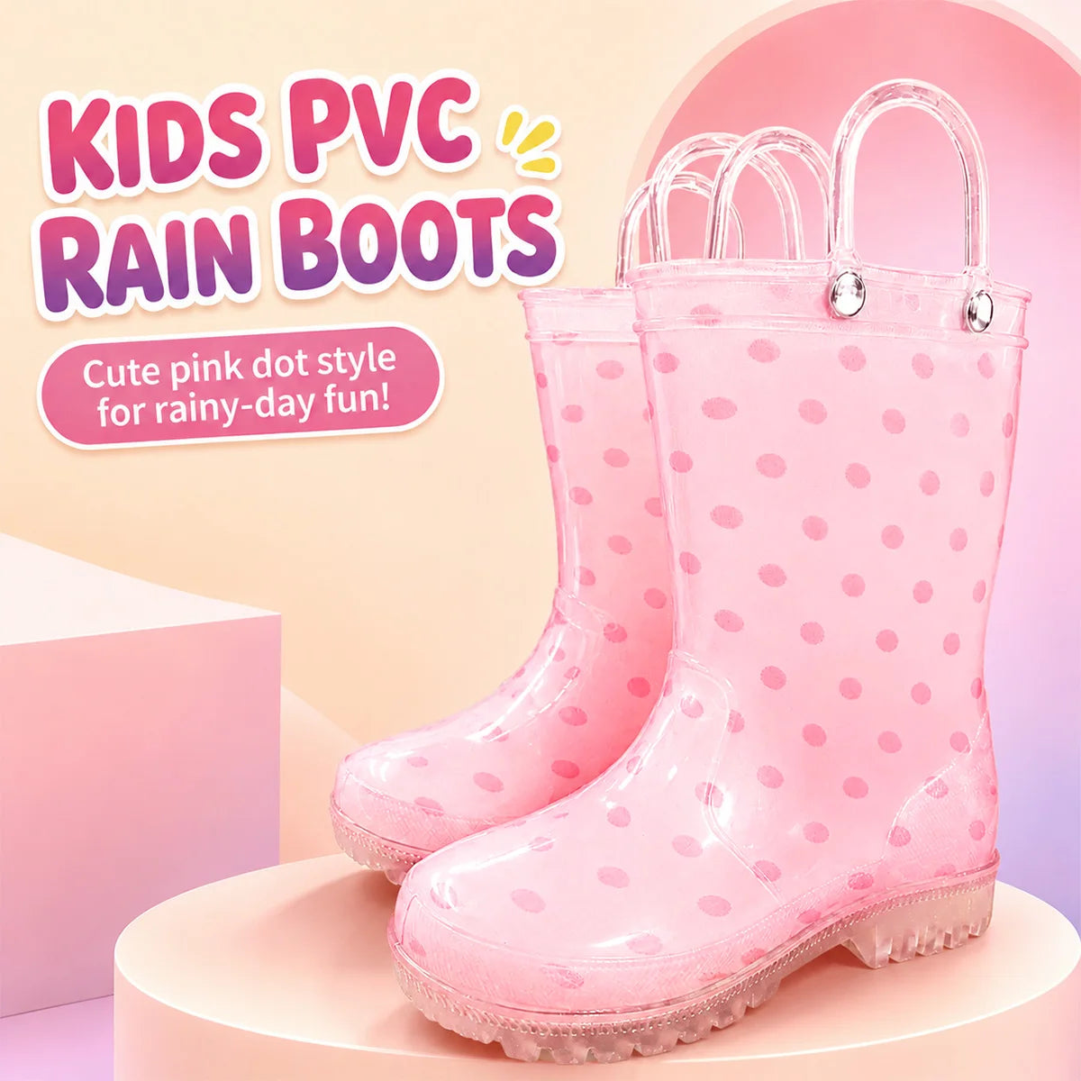 Kids Rain Boots with Pull Handles, Cute Cartoon Polka Dot Design, Girls Waterproof Wellies for Outdoor Water Play, Camping and Adventures