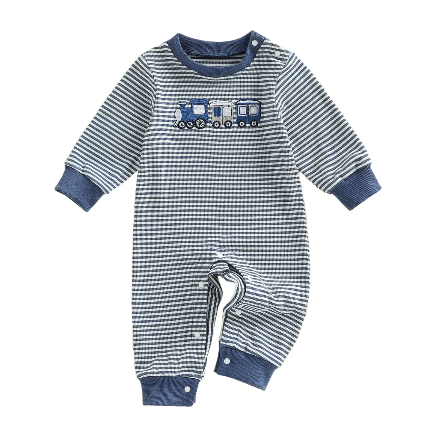 Toddler Boys Fall Striped Playsuit with Long Sleeves and Train Embroidery Comfortable Crewneck Loose Fit Romper