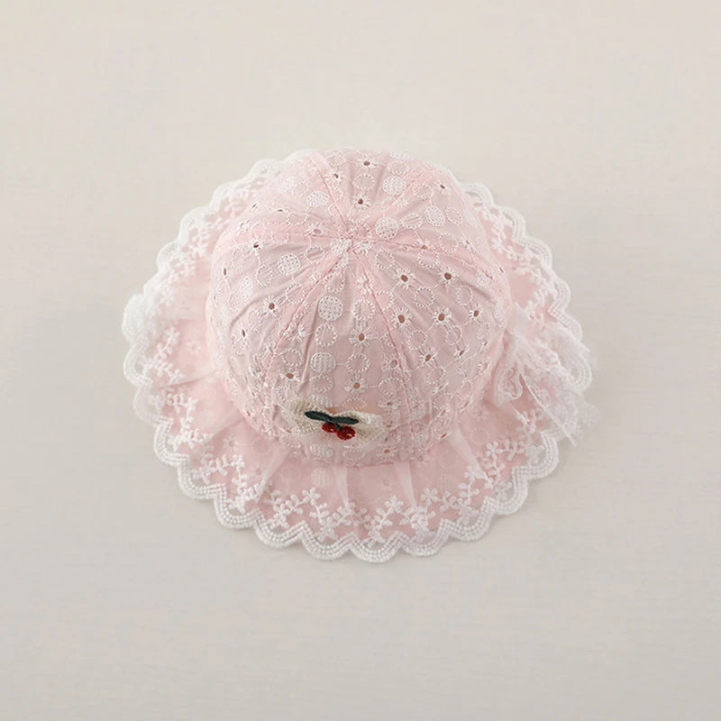 0-12M Infants Lace Fisherman Cap Princess Baby Sunscreen Basin Caps Cute Cherry Bucket Hat Kids Summer Thin Hollow Cotton Visors
