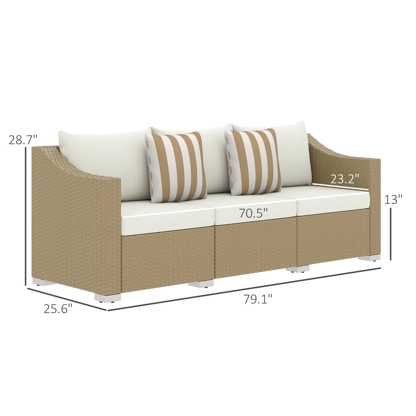3 Seater Patio Wicker Sofa, Outdoor Furniture Rattan Couch with Cushions, Throw Pillows, for Garden, Backyard, Porch