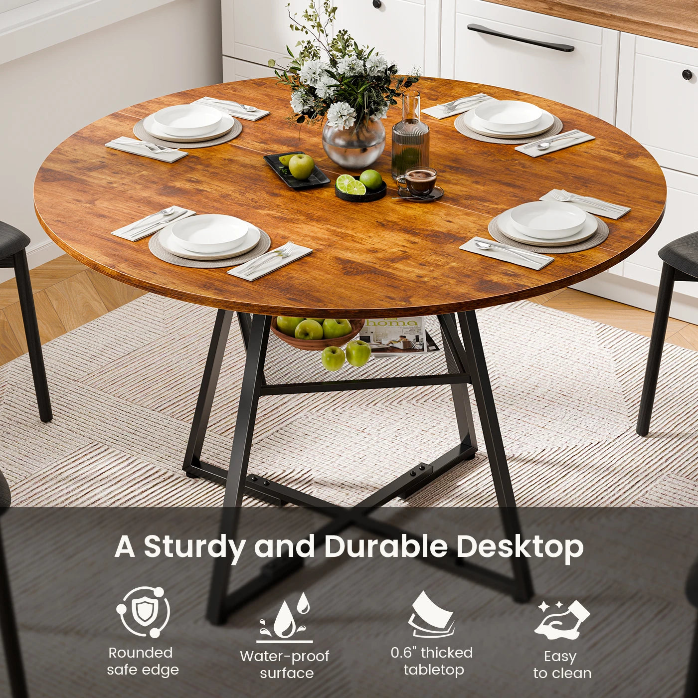 JHK 42IN to 47IN Round Dining Table for 4-6 Space Saving Kitchen Table with Dual-Tier Storage Pedestal Metal Frame Circle Dinner Table for Home Apartment