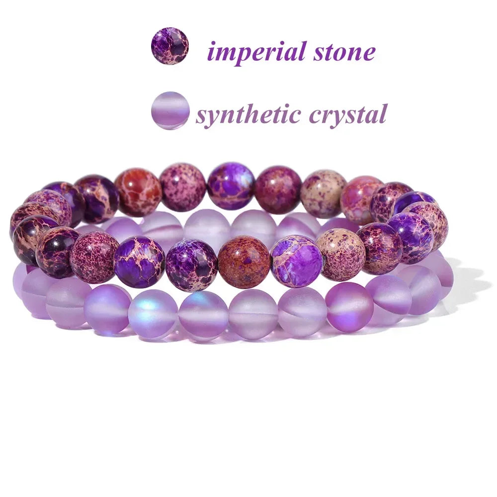 2Pcs Colorful Natural Stone Bead Bracelet Set 8MM Natural Agates Turquois Amethysts Quartzs Gem Stretch Bangle Jewelry Gift