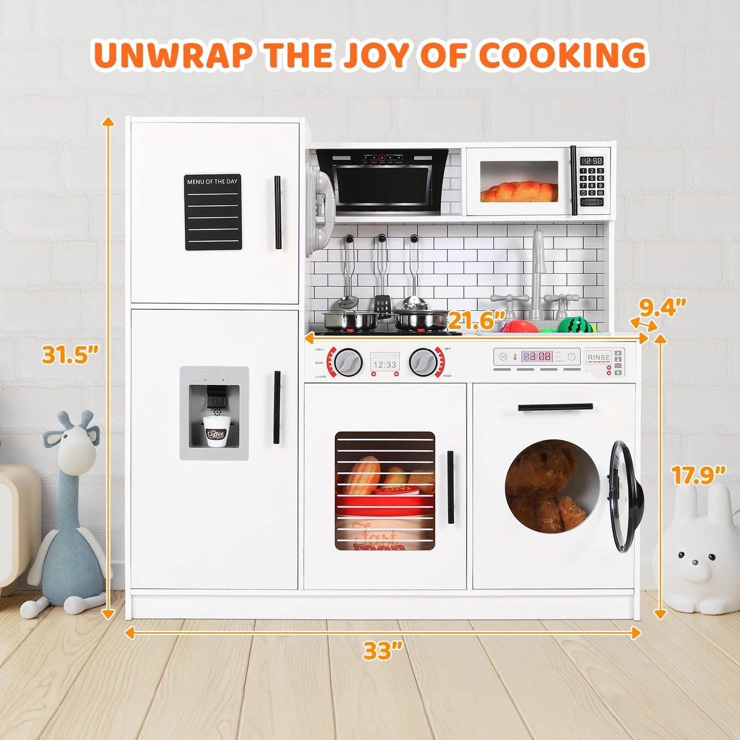 Wooden Kitchen Toys Playset, Play Kitchen for Kids Chef Pretend Play Set for Toddlers w/ Real Lights & Sounds, Toy Food,Cookware