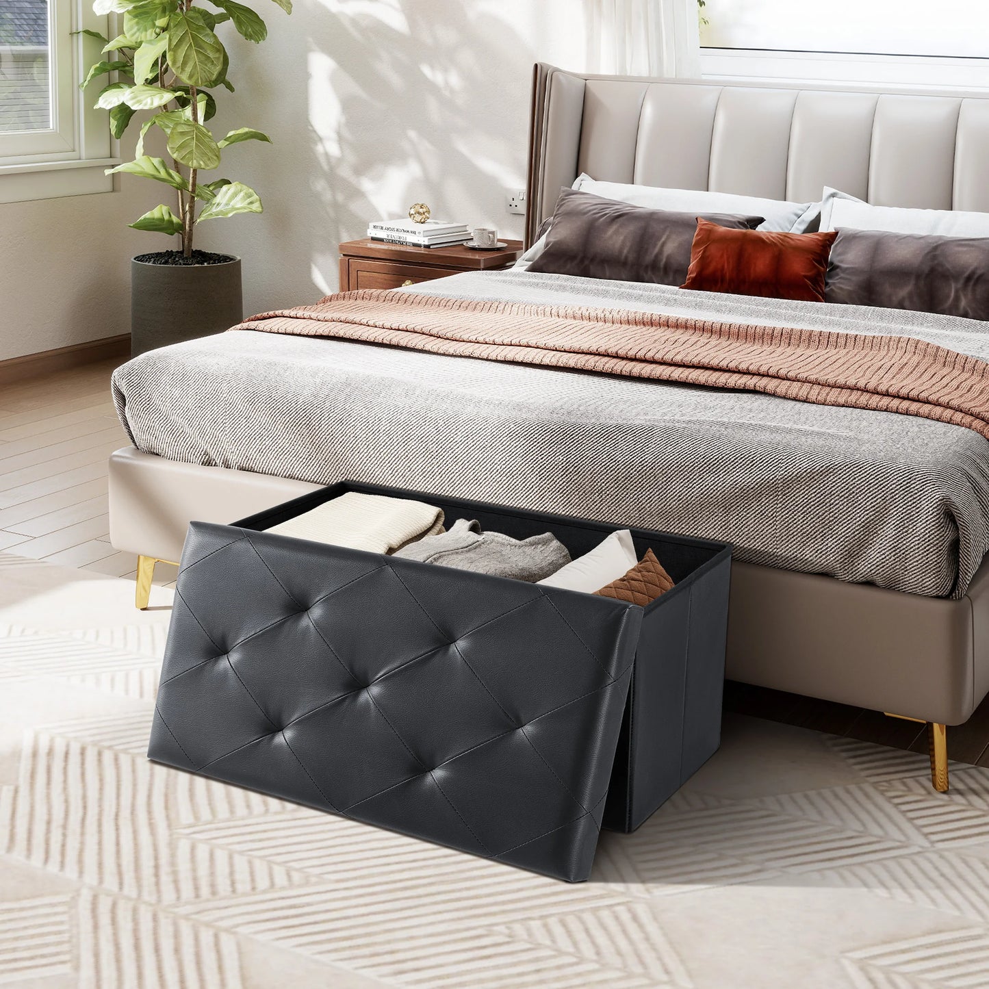 MCQ 30 Inch Faux Leather Foldable Ottoman Foot Rest Stool with Storage Folding End of Bed Storage Bench Storage for Living Room Bedroom Entryway
