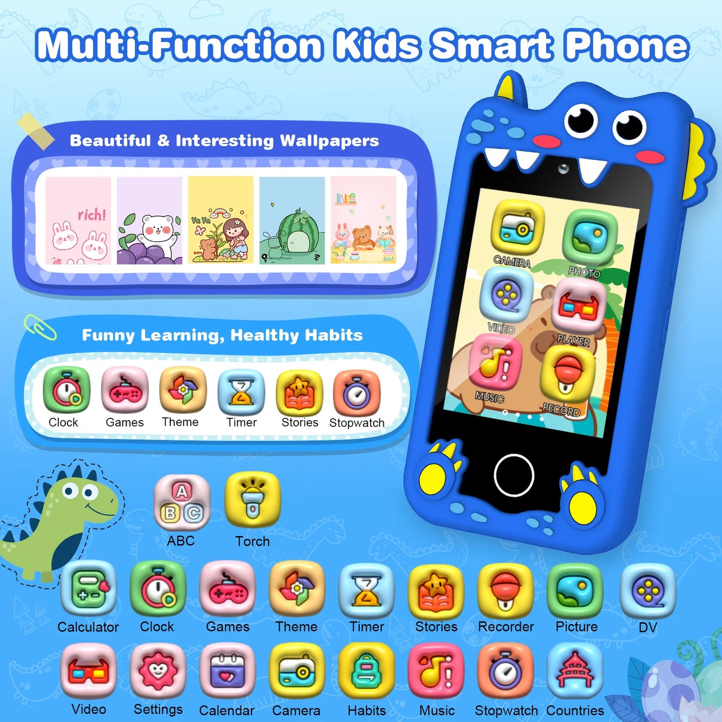 M SANMERSEN Dinosaur Kids Smart Phone for 3-6 Year Olds – 2.8" Touchscreen, Dual Camera, 28 Learning Games, MP3 Music Player, 32GB SD Card – Educational Toddler Phone Toy for Boys & Girls