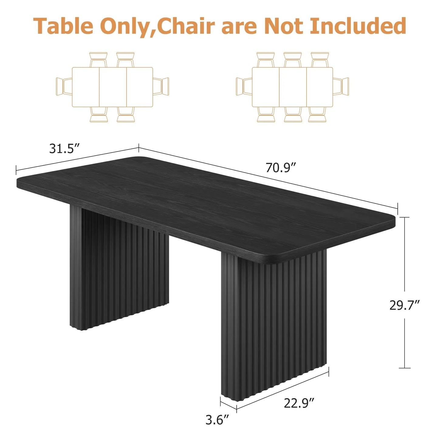 Modern Dining Table for 6-8, 71" Rectangular Farmhouse Kitchen Table with 3.6"×22.9" Black Fluted Wave Metal Legs & Wooden Top, Large Dining Table for Home Office, Dining