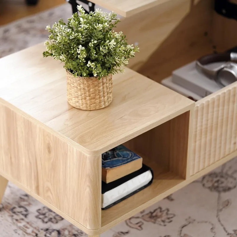 Fluted Lift Top Coffee Table with Hidden Compartment, Modern Center Table for Living Room, Home Office, Natural