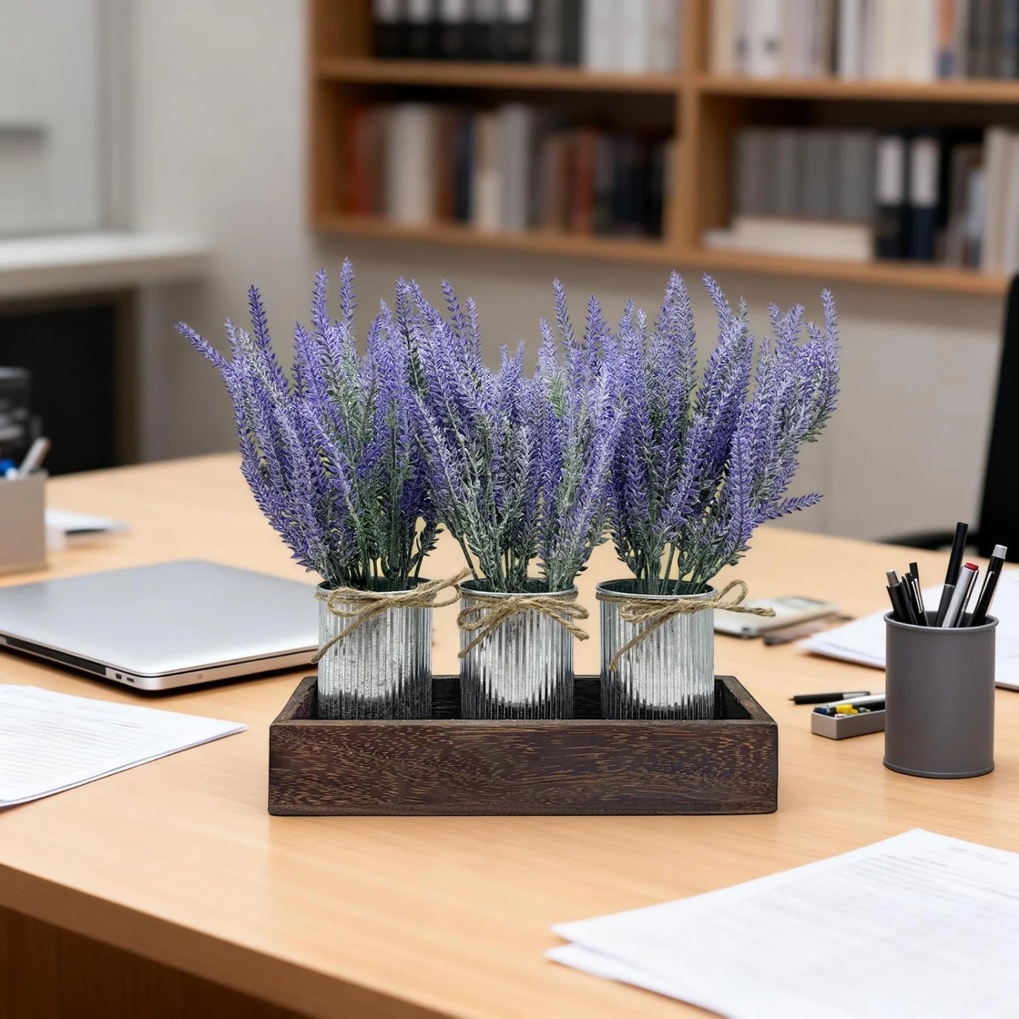 3-Piece Lavender Flowers Artificial with Decorative Wood Tray Set, Small Fake Lavender Plants in Galvanized Metal Pot, Faux Plant Dining Room Table Centerpiece for Kitchen, Coffee Table & Office