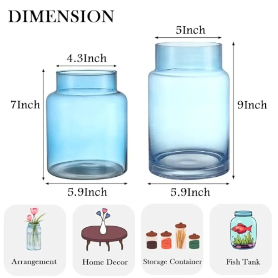Large Glass Vase, Blue Glass Vase Set of 2, Large Flower Vases for Bouquet, Tall Wide Mouth Vases for Flowers, Home, Wedding, L