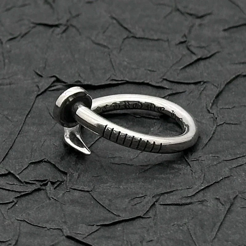 S925 Sterling Silver Retro Old Flat Nail Ring European and American Men and Women Niche Personality Unique Design