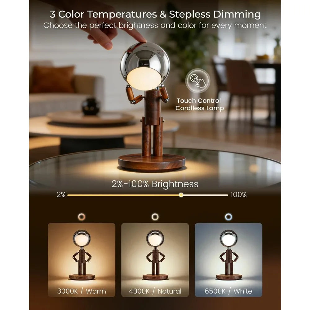 Rechargeable Cordless Table Lamp, Dimmable Wooden Desk Light, Touch Control, 3 Temperatures, Home Decor Gift