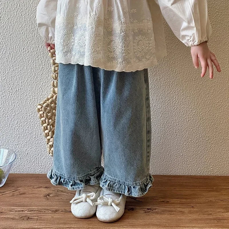 Kids Jeans Girls New 2025 Spring  Autumn Childrens Fashion Casual Wide-leg Pants Lace Princess Sweet and Lovely