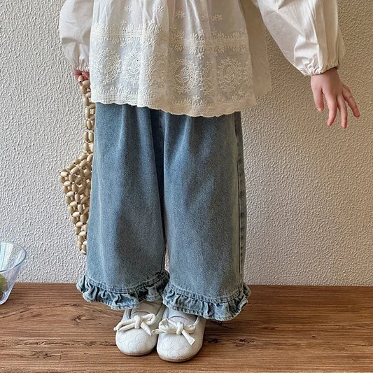 Kids Jeans Girls New 2025 Spring  Autumn Childrens Fashion Casual Wide-leg Pants Lace Princess Sweet and Lovely