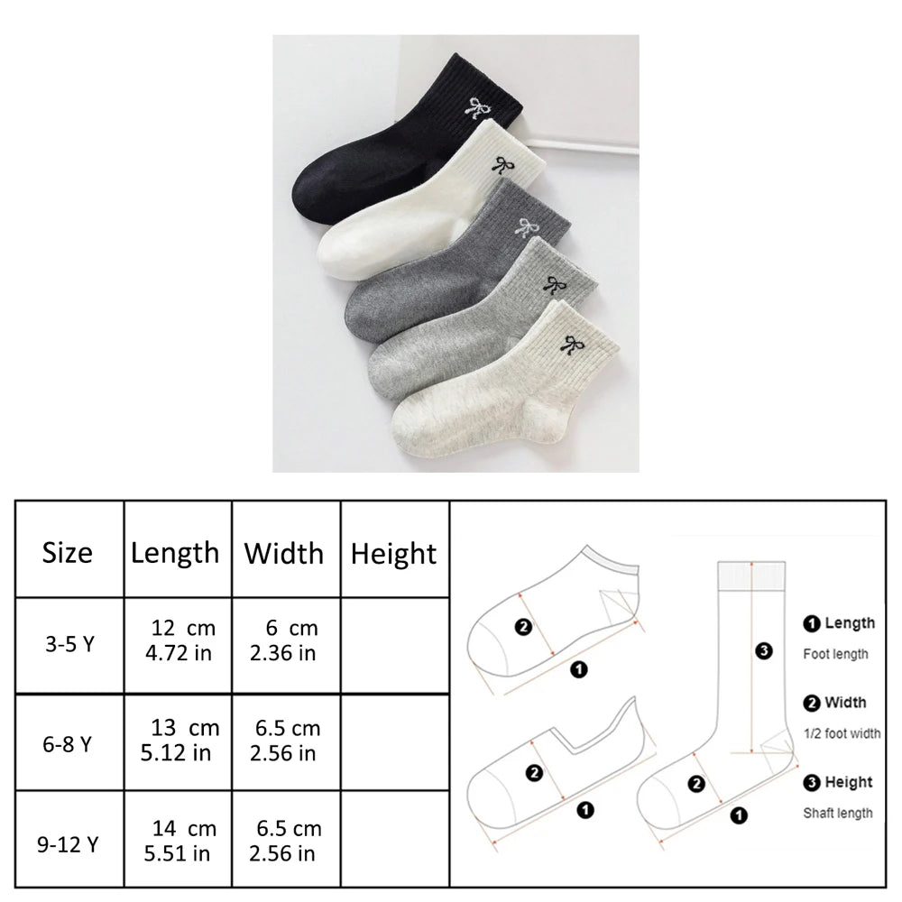 5 pairs  girls' plain-colored with bow-patterned socks, cute and casual, suitable for daily use and travel, kid's  mid-calf sock