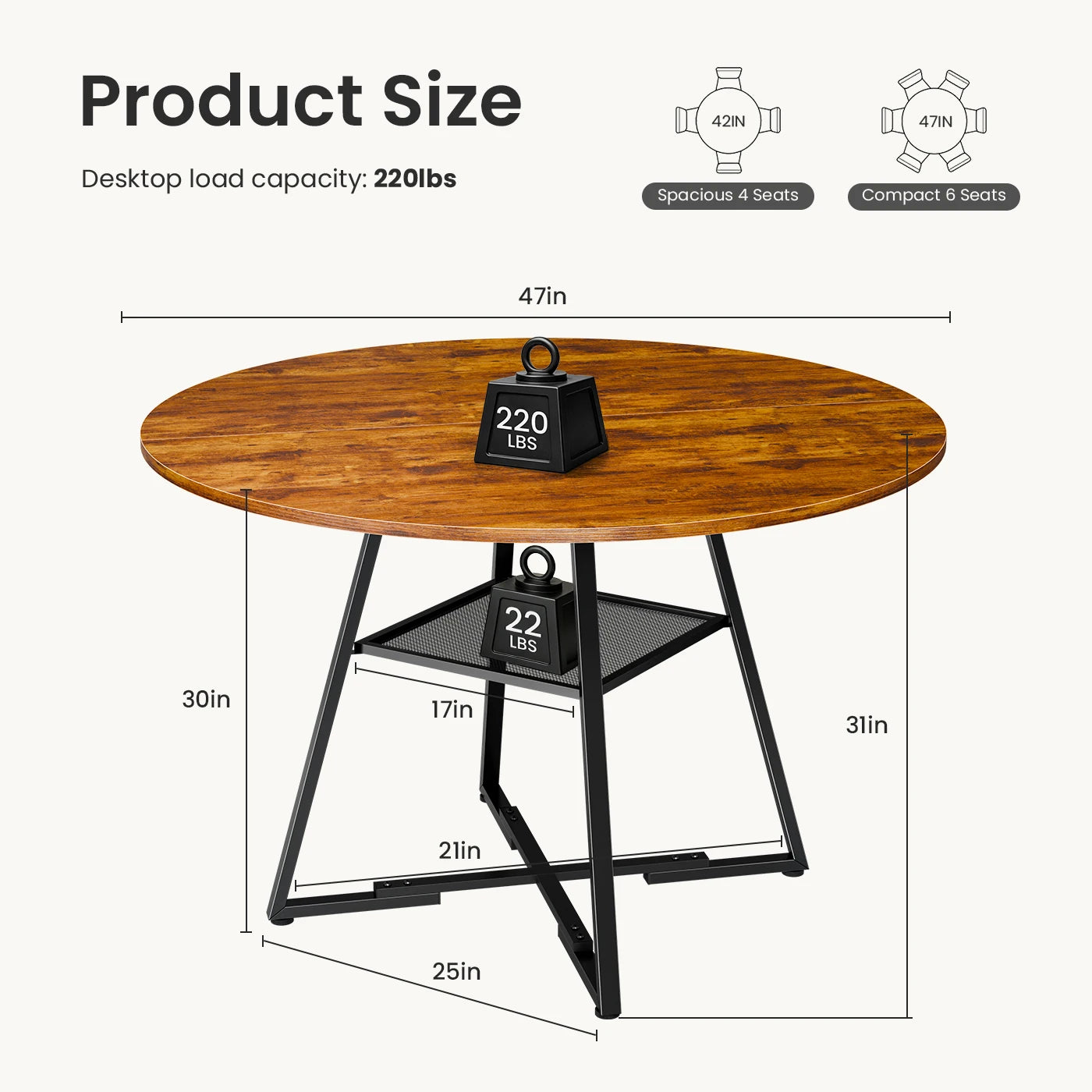 JHK 42IN to 47IN Round Dining Table for 4-6 Space Saving Kitchen Table with Dual-Tier Storage Pedestal Metal Frame Circle Dinner Table for Home Apartment