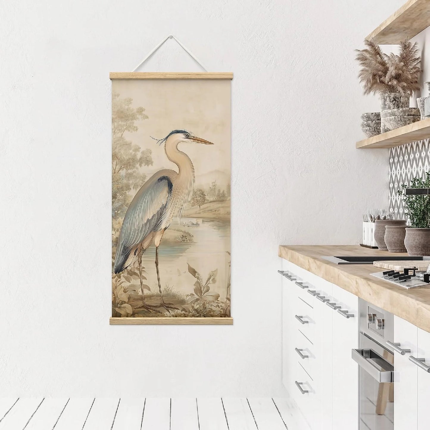 Wooden Framed Hanging Poster Vintage Lakeside Great Blue Heron Bird Wall Picture Poster Artwork for Home