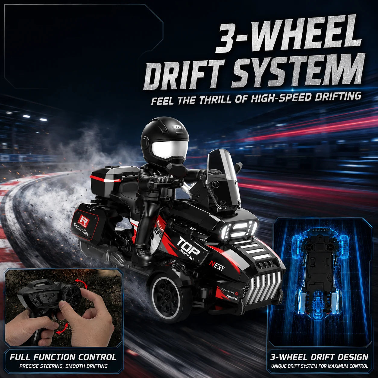 1/43 RC Drift Motorcycle, 2.4GHz Remote Control 3-Wheel Drift Trike with Detachable Rider Figure, LED Lights, High-Speed Racing Motorcycle Toy, Mini RC Car, USB Rechargeable, Birthday Christmas Gift for Kids Boys Adults