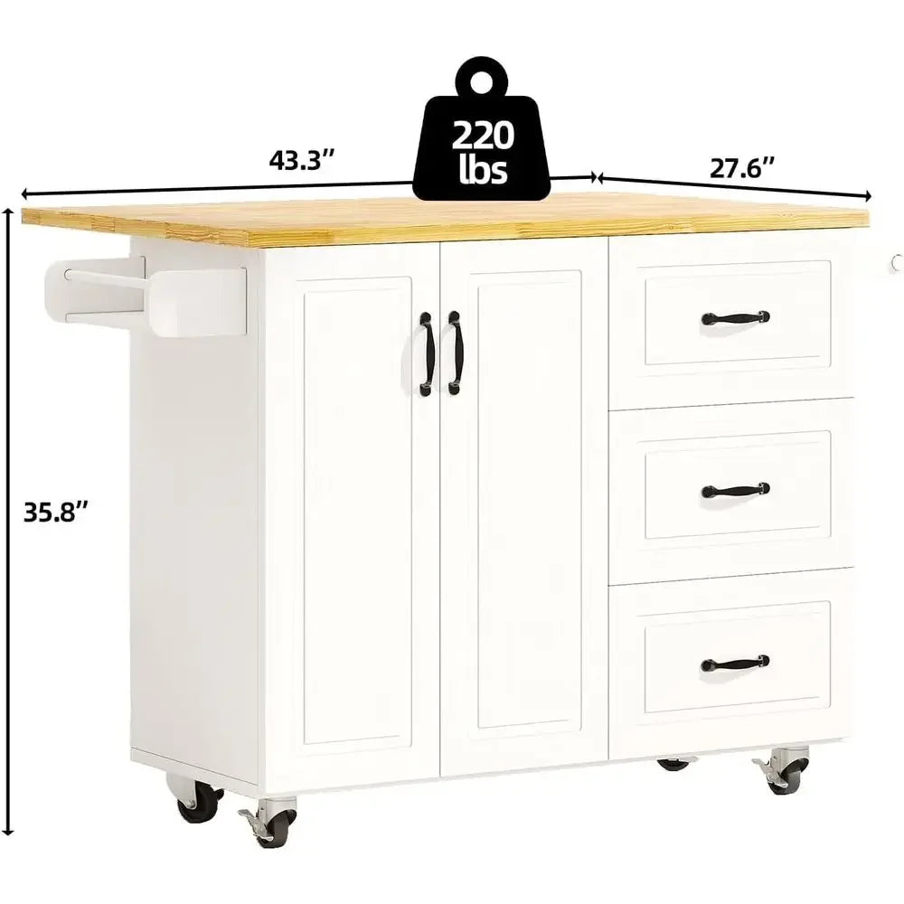 Kitchen Island with Storage on Wheels, Rolling Kitchen Island with Spice Rack & Towel Rack, Portable Island Table or Kitchen, Wh