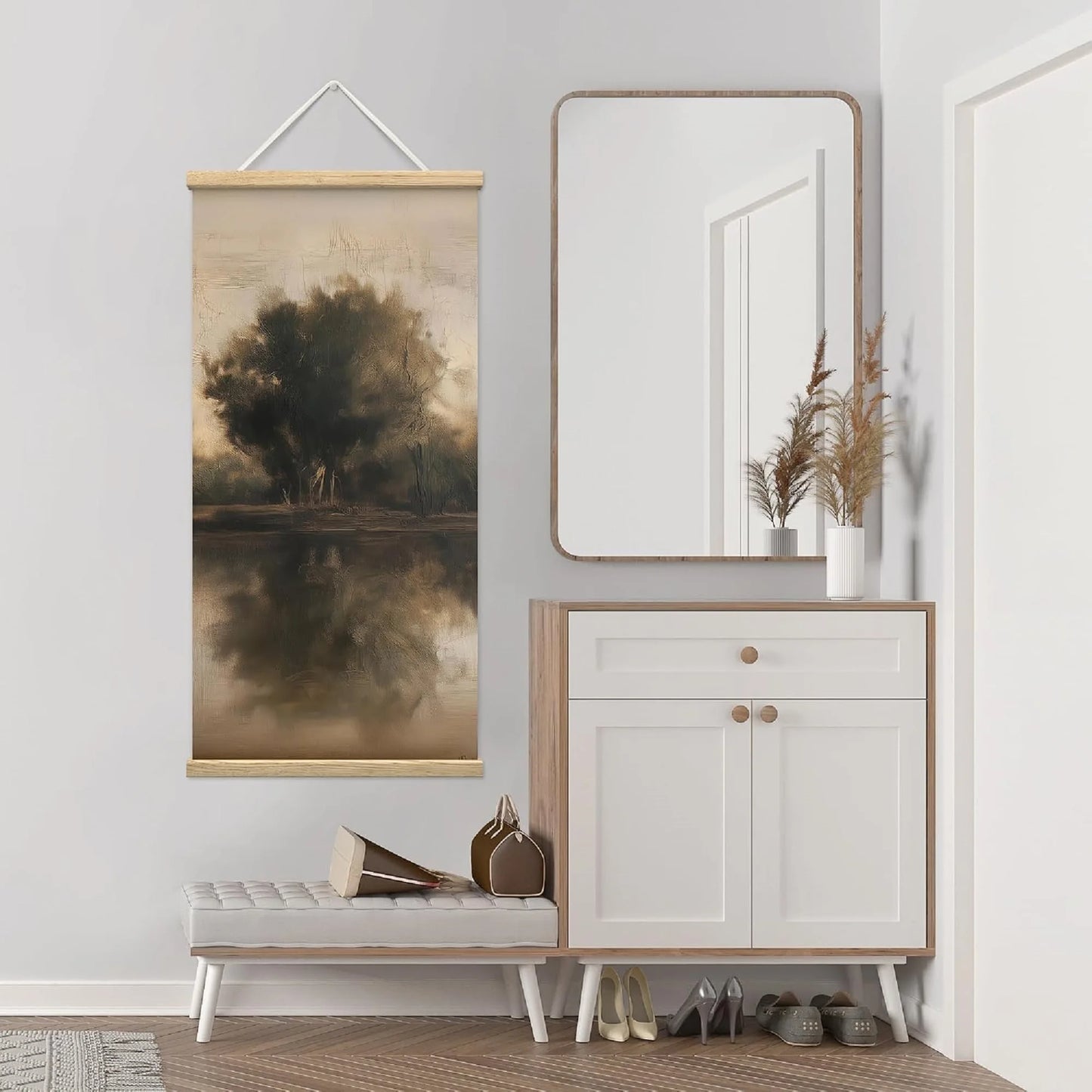 Wooden Framed Hanging Poster Neutral Sepia Lake Tree Reflection Wall Picture Poster Artwork for Home