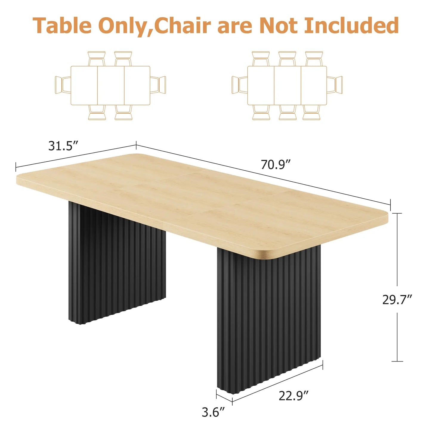 Modern Dining Table for 6-8, 71" Rectangular Farmhouse Kitchen Table with 3.6"×22.9" Black Fluted Wave Metal Legs & Wooden Top, Large Dining Table for Home Office, Dining