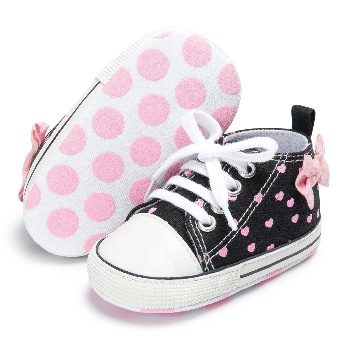 Newborn Baby Girls Shoes Fashion Bowknot Heart Print Classic Canvas Casual High Tops Sneakers Soft Anti-slip Sole First Walkers